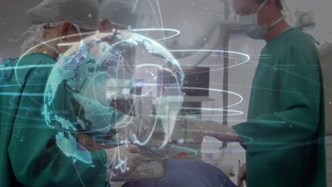 Animation-Des-Globus-Mit-Netzwerk-Von-Verbindungen-über-Chirurgen-In-Gesichtsmasken
