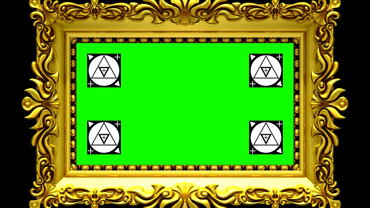 검은 바탕에 금색 그림 프레임으로 카메라, 모션 트래킹 마커 및 녹색 화면을 포함합니다.