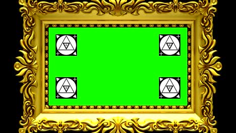 cámara zoom en el marco de la imagen de oro en fondo negro. marcadores de seguimiento de movimiento y pantalla verde incluidos. animación 3d.