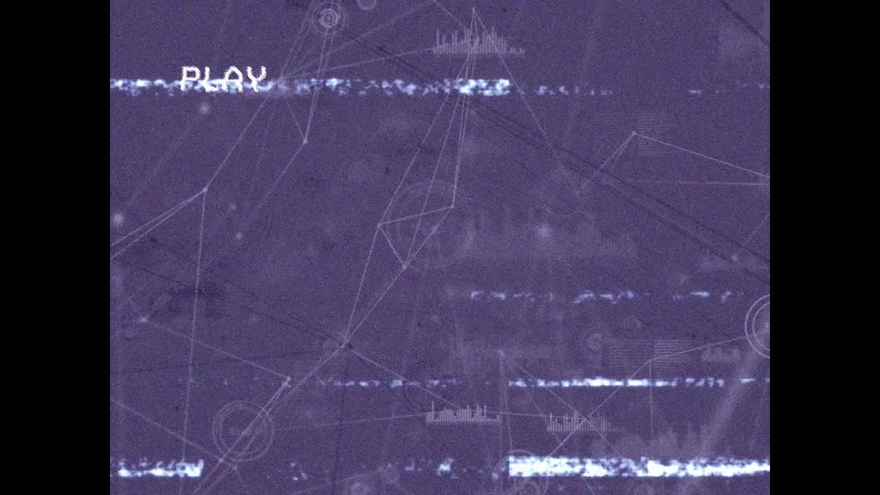 animación de la interfaz digital de reproducción en pantalla con una red de conexiones en fondo púrpura