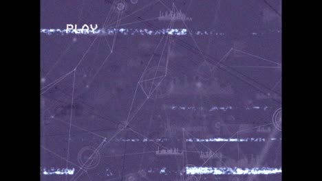 animación de la interfaz digital de reproducción en pantalla con una red de conexiones en fondo púrpura