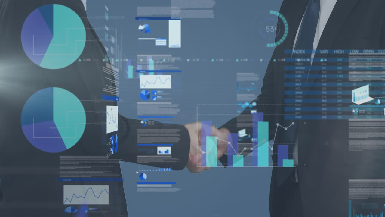 animación del procesamiento de datos financieros sobre hombres de negocios caucásicos que se dan la mano