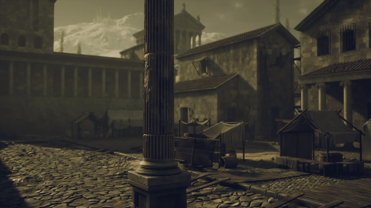 Ancient marketplace in a historical setting with classic architecture