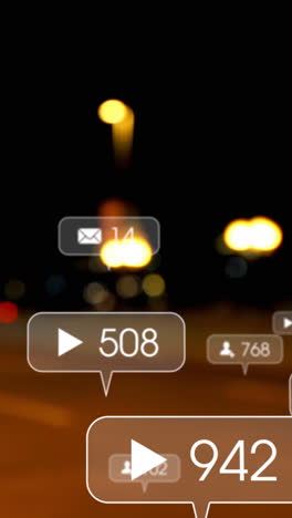 animación de iconos y números de redes sociales fuera de enfoque de la ciudad y los semáforos