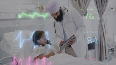 Animation-of-data-processing-over-asian-male-doctor-with-girl-patient