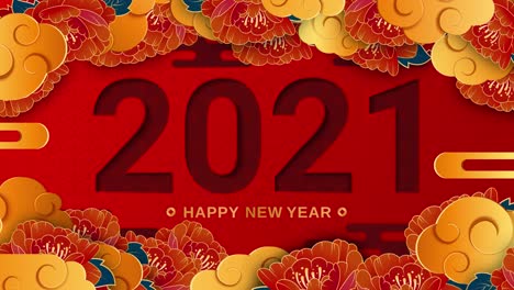 happy chinese new year 2021 year of the ox, happy new year, traditional lunar year background with clouds and flowers. seamless 4k loop video with copy space.