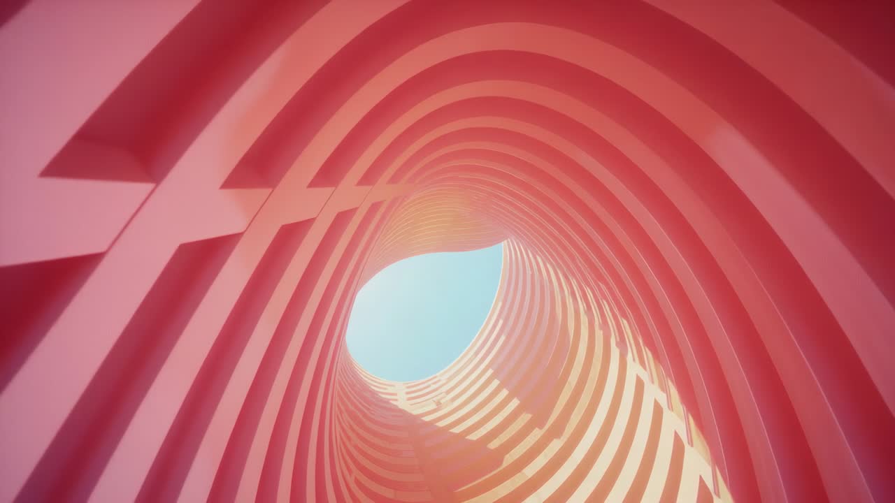 Starting recording, camera capturing spiraling pink arches at sculpture park, revealing blue sky