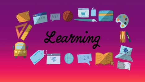 animación de banner de texto de aprendizaje e iconos de concepto escolar contra un fondo de gradiente púrpura