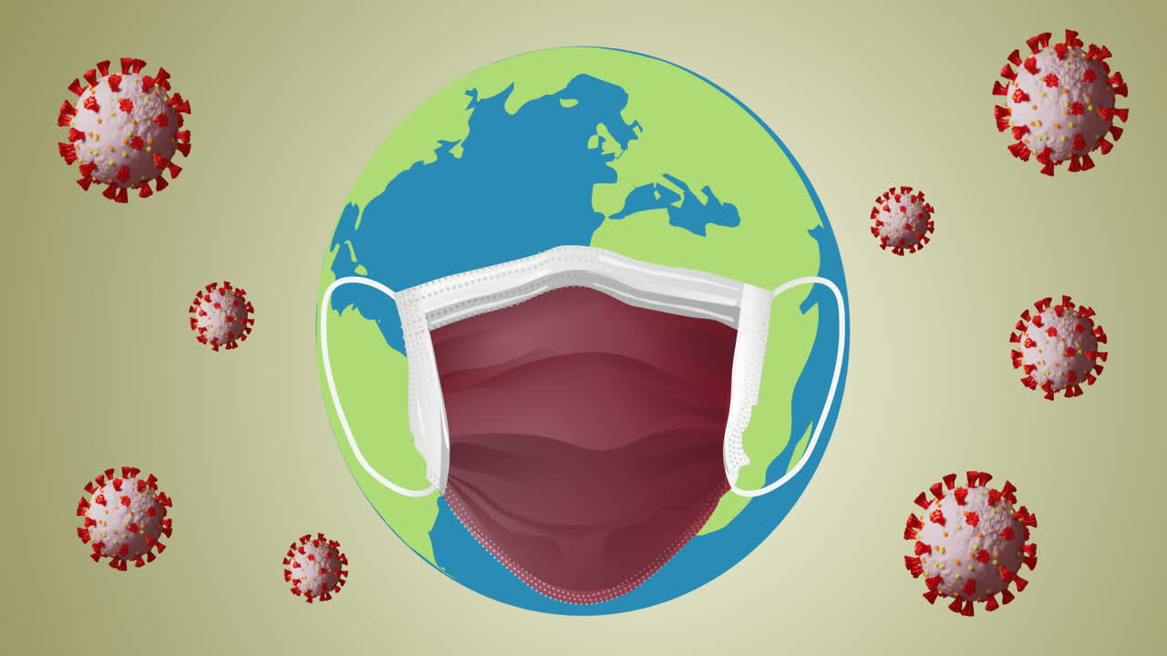 바이러스 세포 위에서 지구에 있는 얼굴 마스크의 애니메이션