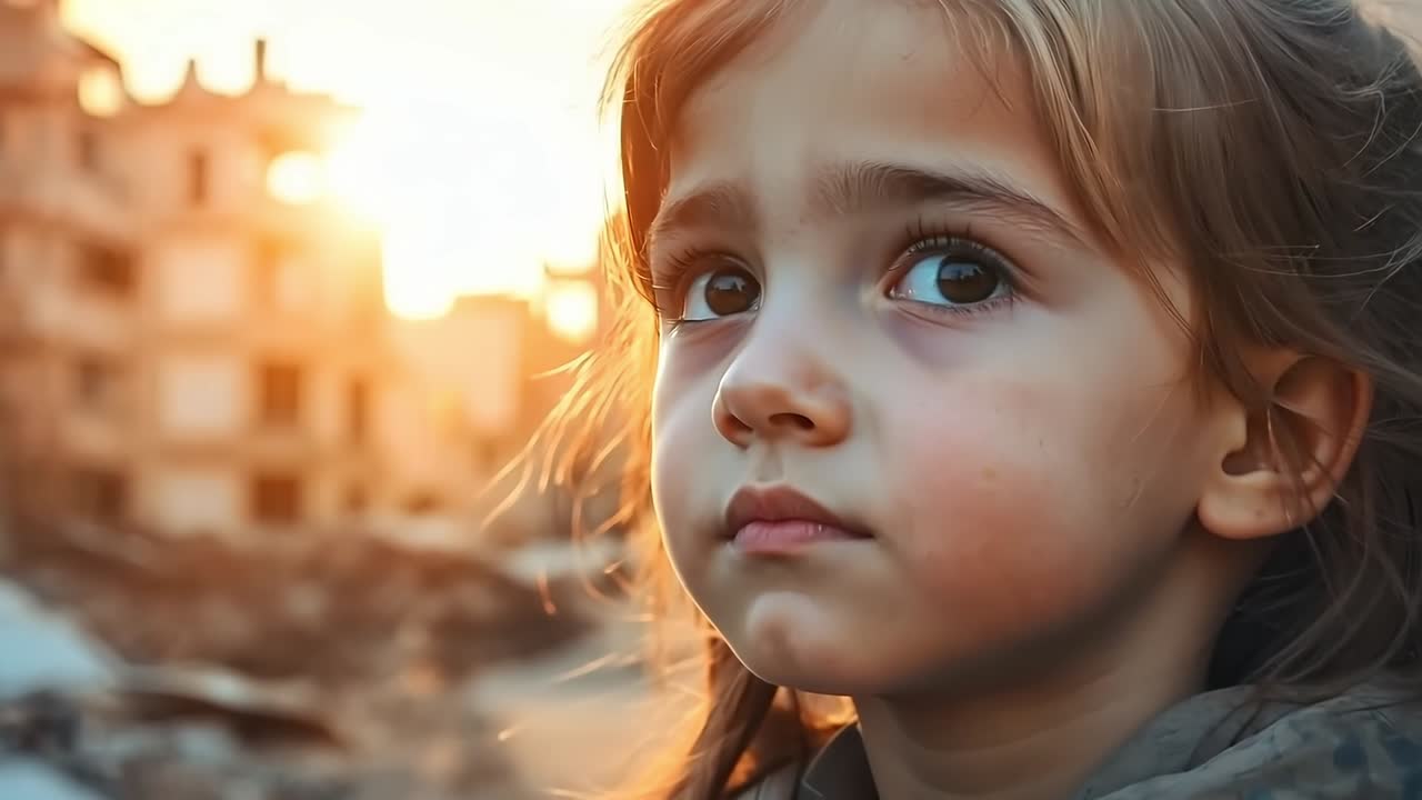 una niña parada en medio de una ciudad destruida