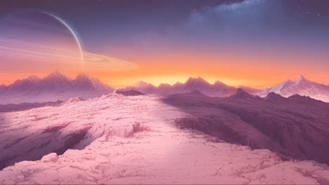 vast alien landscape with ringed planet and colorful sky