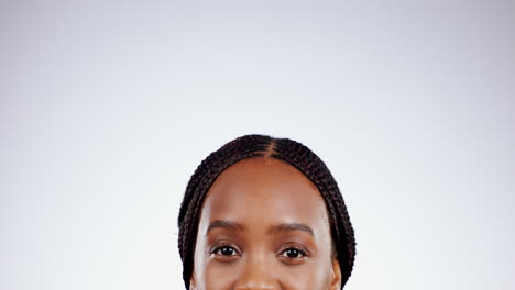 Eye, thinking and face of woman with doubt