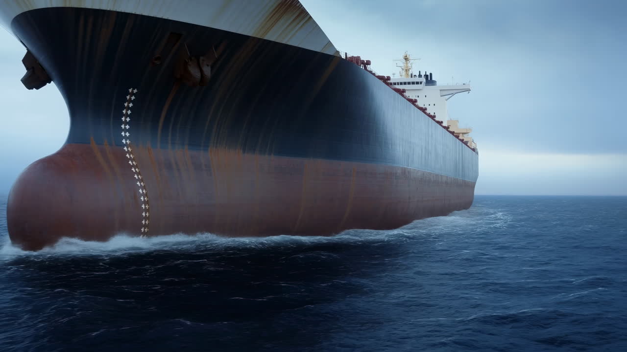 Massive Cargo Ship Bow At Sea, Rusted Steel Hull Slicing Calm Blue Water, Bulbous Bow Creating Wake, Lowangle