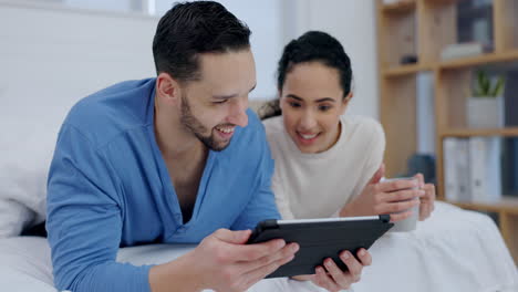 Tablet,-couple-and-talking-in-home-on-morning