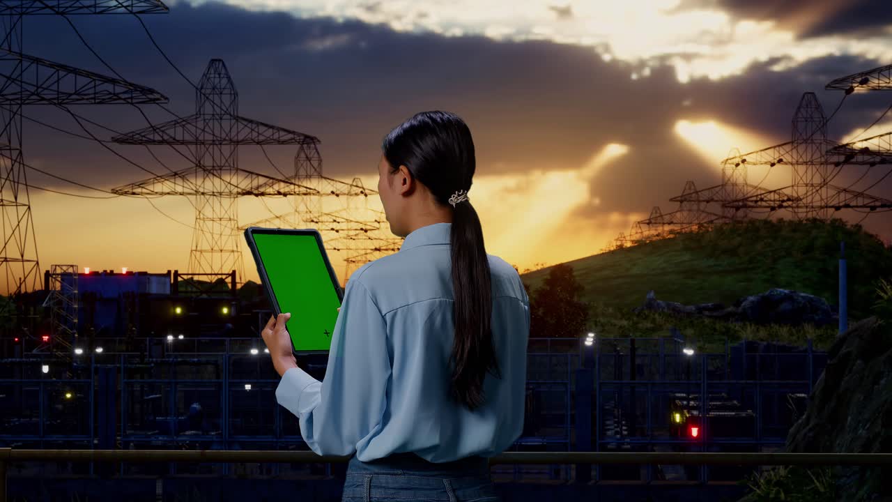 vista trasera de una trabajadora profesional asiática de pie cerca de la torre de alto voltaje, instalación industrial, comprobando en la tableta con pantalla verde y mirar la fábrica una vez