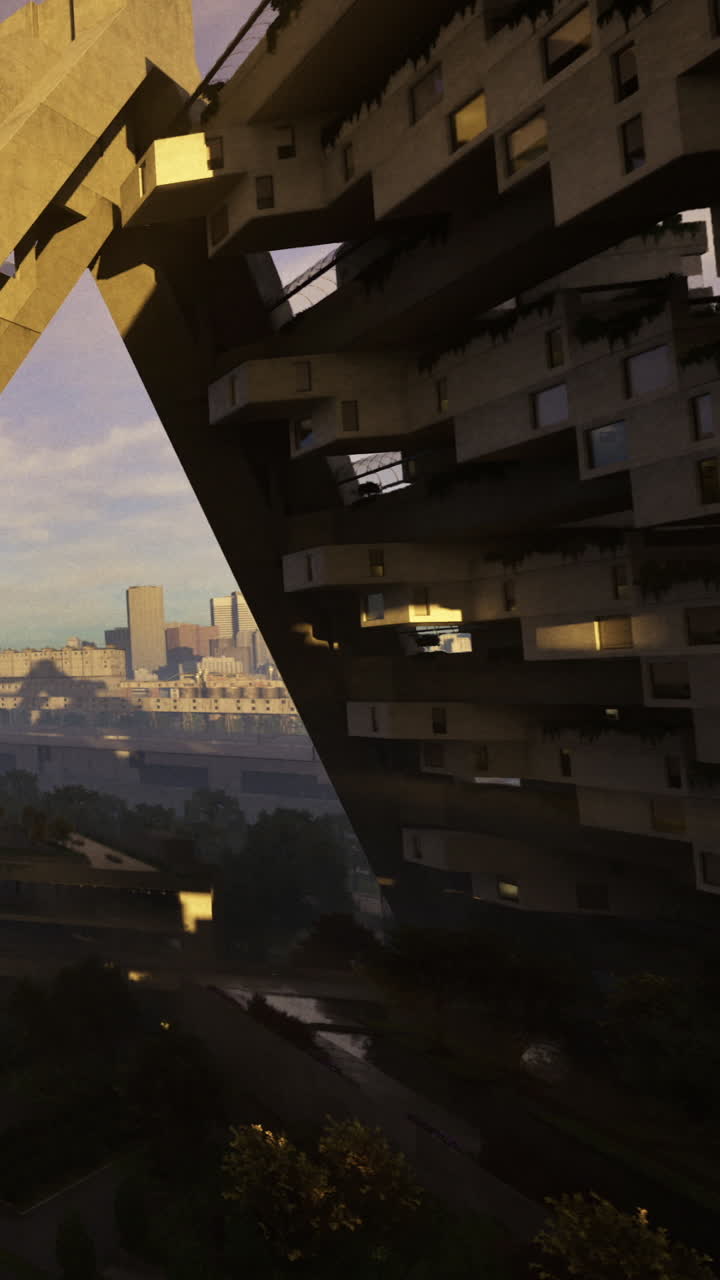 Arquitectura moderna que contrasta con el horizonte de la ciudad con la luz de la mañana.