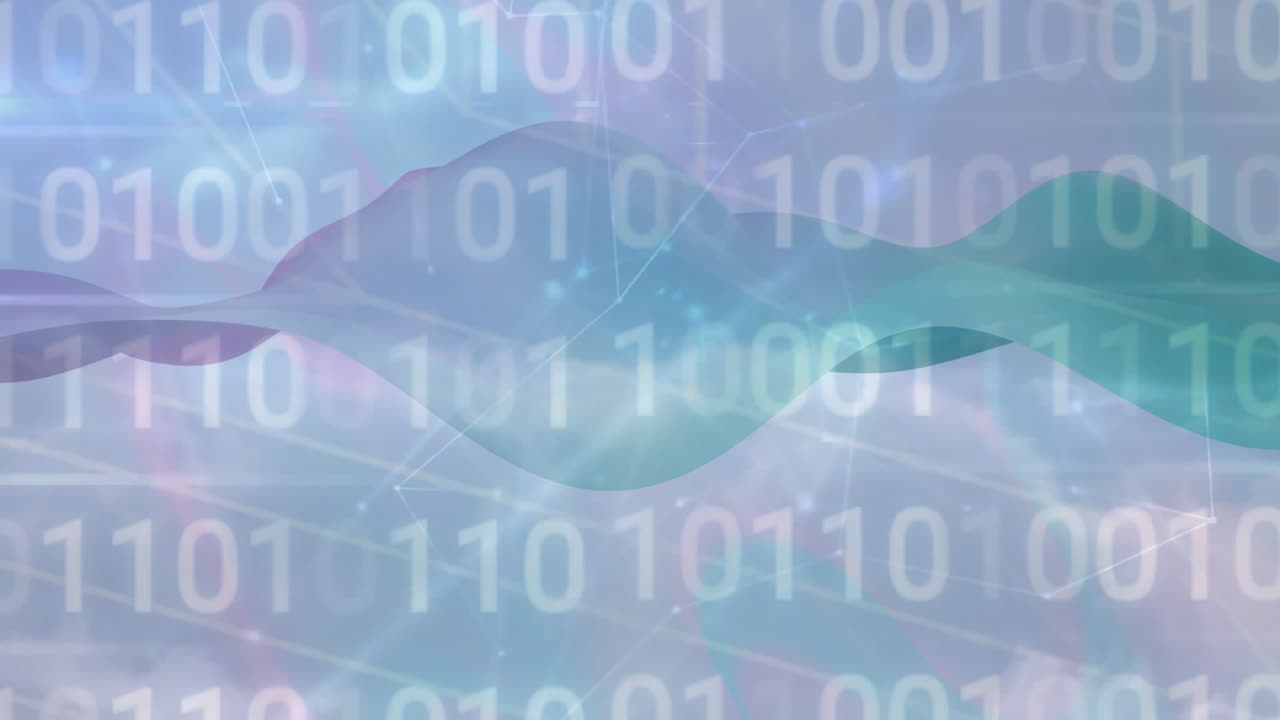 Binary code animation over abstract waves and light effects