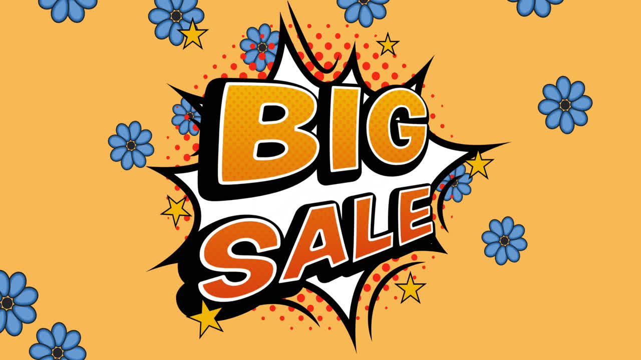 animación de texto de gran venta sobre burbuja de discurso vintage y flores en el fondo