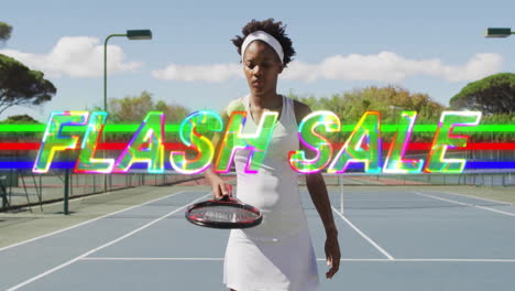 female tennis player swinging racket on outdoor court, showcasing neon flash sale retail graphic