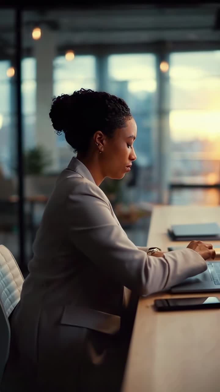 Side angle video of a professional woman working on a laptop in a modern office