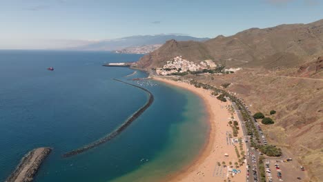 Playa-Las-Teresitas-In-The-Canary-Islands-From-The-Viewpoint-Los-Organos-In-Santa-Cruz-De-Tenerife-4k60-Fps