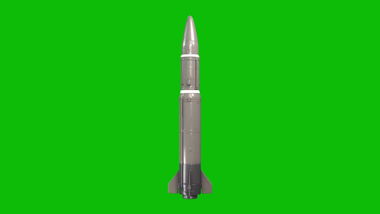 Design 3D dettagliato di un missile nucleare militare 10, con corpo metallico, ogiva aerodinamica e alette stabilizzatrici, isolato su schermo verde. Tecnologia della difesa, concetti militari, immagini belliche