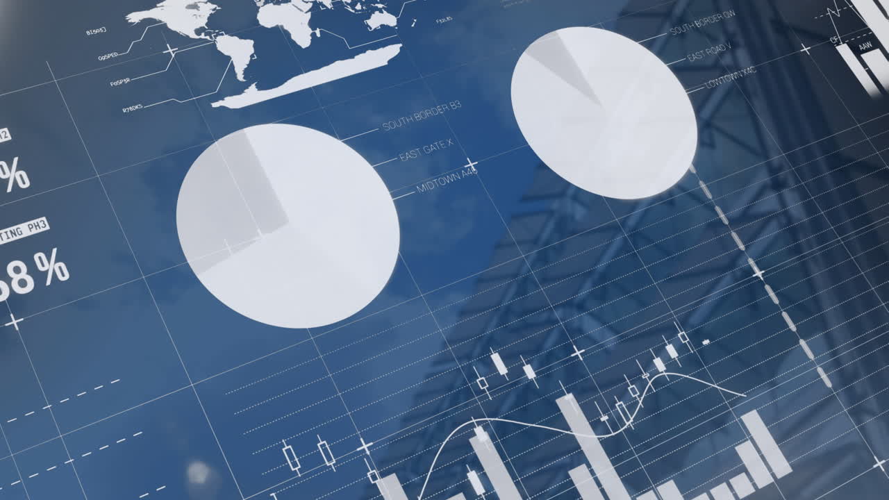 도시 풍경 위의 금융 데이터 처리 애니메이션