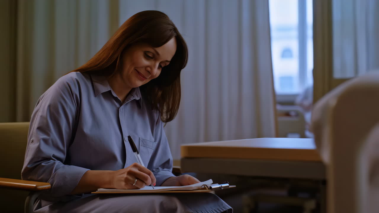 Woman writing on a clipboard in a hospital room