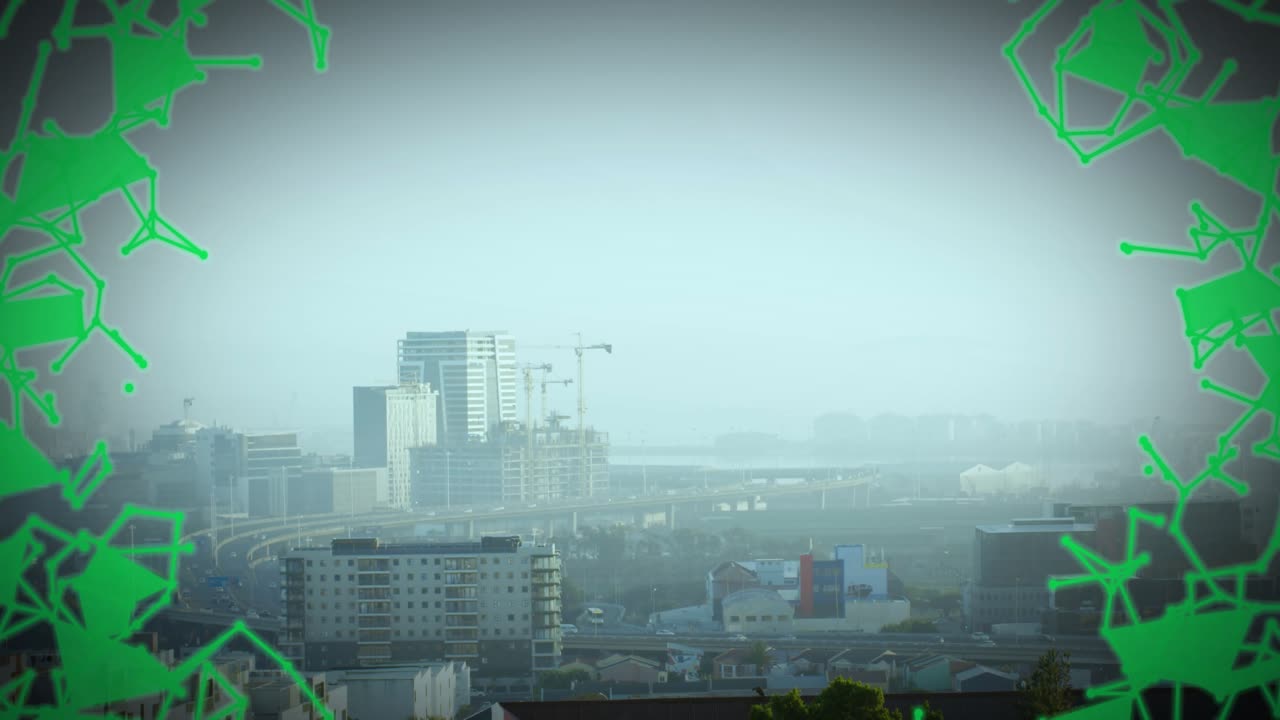 As frames progress green polygonal network appearing and expanding inward framing skyline for focus
