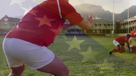 animation of flag of bosnia and herzegovina over diverse male rugby players playing at stadium