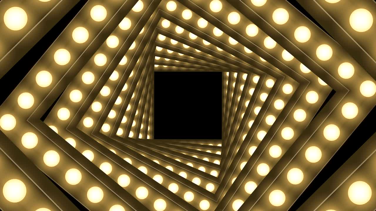 터널 불빛 전구 상자 프레임 사각형 모양 회전 움직이는 패턴, 레트로 3d 가상 스타일 일러스트레이션 어두운 배경에서 빛나는 원활한 루핑 애니메이션 4k, 복사 공간