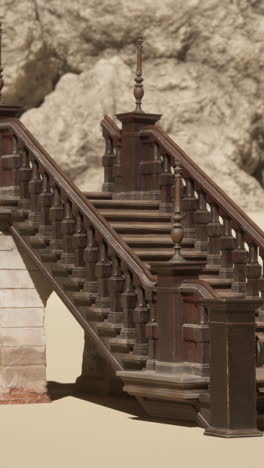 eine große hölzerne treppe mit geschmückten leinwänden