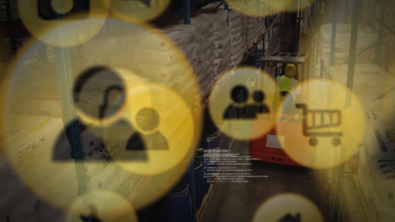 창고에서 일하는 백인 남성에 대한 연결 네트워크의 애니메이션