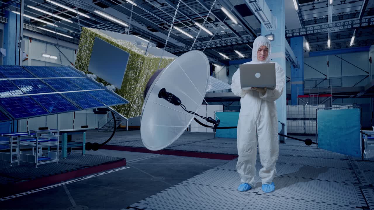 cuerpo lleno de científico masculino asiático escribiendo en una computadora portátil con construcción de nave espacial