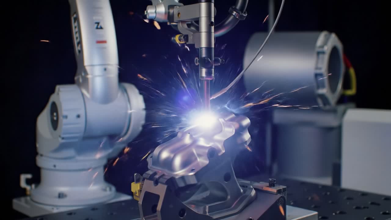 Advanced Robotic Welding Process Showcasing Precision Engineering and Dynamic Sparks in Metal Fabrication with Cutting-Edge Automated Technology