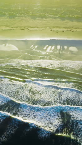 white foamy little waves splashing on the sandy beach at daytime. bright sun lighting the coast of the ocean. top view. vertical video