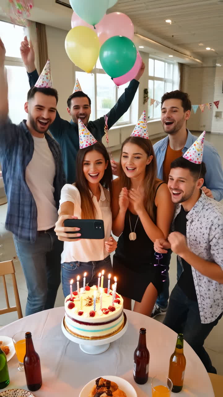 Friends celebrating a birthday party with cake, balloons, and a group selfie