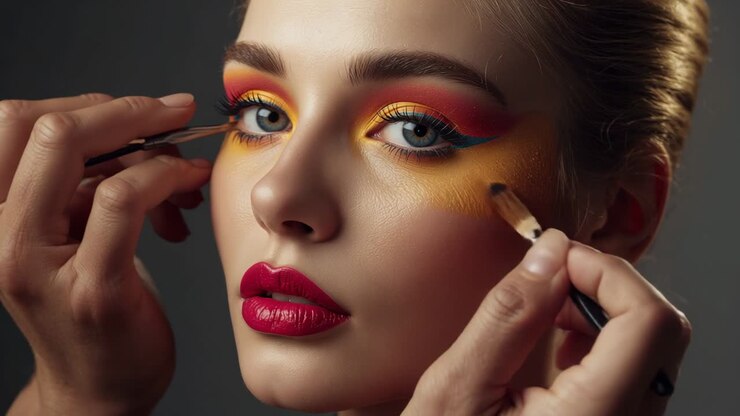 Anfänger-Make-up-Artist definiert und verblendet rote, gelbe, orangefarbene und blaugrüne Schatten auf einem Modell im Studio