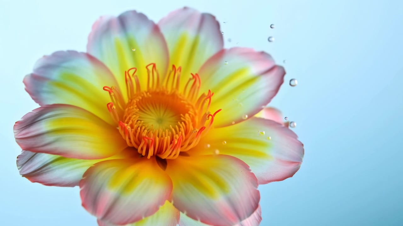 Åben tropisk blomst set let fra oven med strålende gul-orange midte, lyserøde ydre kronblade, skarp central støvdragerklase, svævende dråber, blødt studielys, ren lyseblå