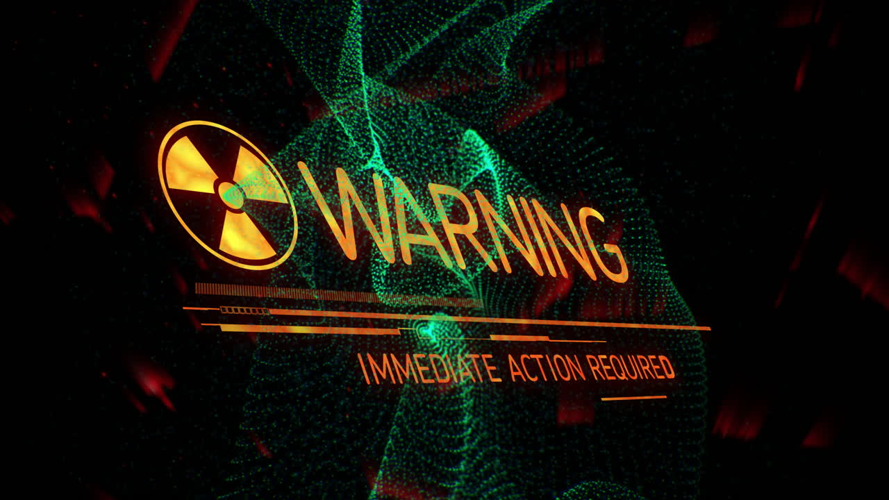 Radiation warning sign with Immediate Action Required text in digital animation background