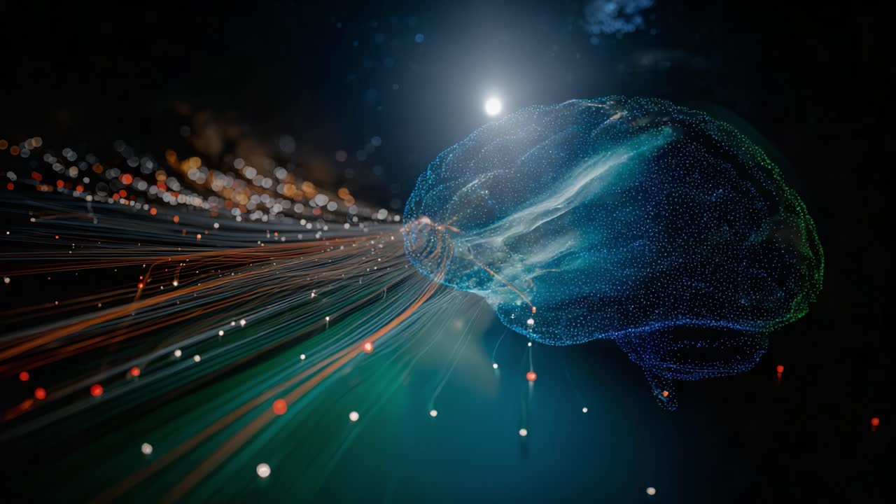 Abstract animation of an artificial intelligence human brain processing a vast amount of complex information through colorful fiber optic streams of data in a futuristic, technological concept