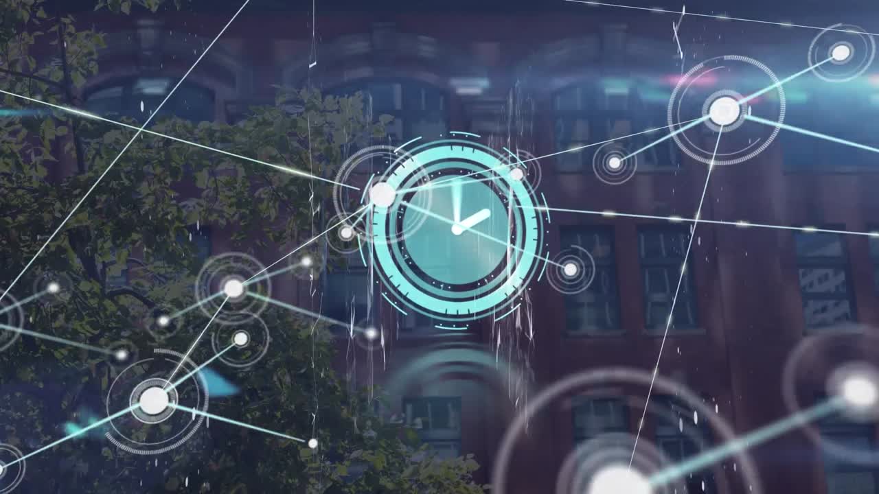 animación de la red de conexión con iconos y reloj sobre el paisaje urbano