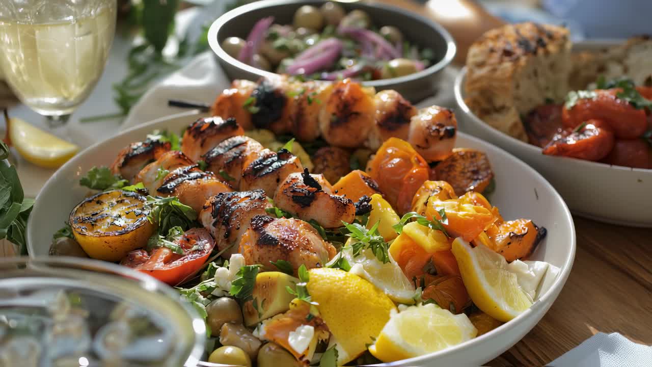 Grilled chicken skewers resting on crisp salad greens, flanked by charred tomatoes, tangy lemon, briny olives, and crumbled feta cheese, presenting Mediterranean inspired culinary delight