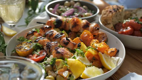 grilled chicken skewers resting on crisp salad greens, flanked by charred tomatoes, tangy lemon, briny olives, and crumbled feta cheese, presenting mediterranean inspired culinary delight