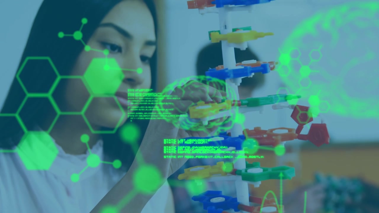 Animation of data processing over caucasian woman in lab