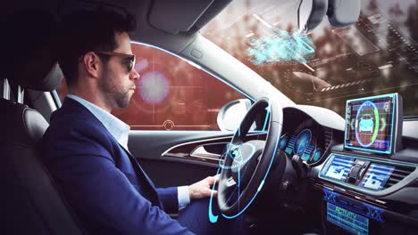 Animation-of-digital-interface-over-businessman-in-self-driving-car