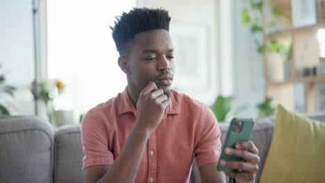 home, thinking and black man with smartphone