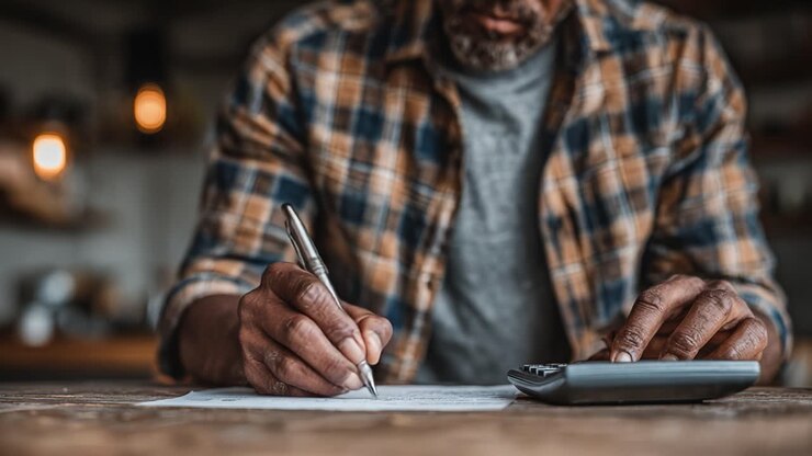 A Focused Individual Engaged in Calculation and Note-taking with a Pen and Calculator, Surrounded by a Cozy Environment, Portraying Concentration and Reflection