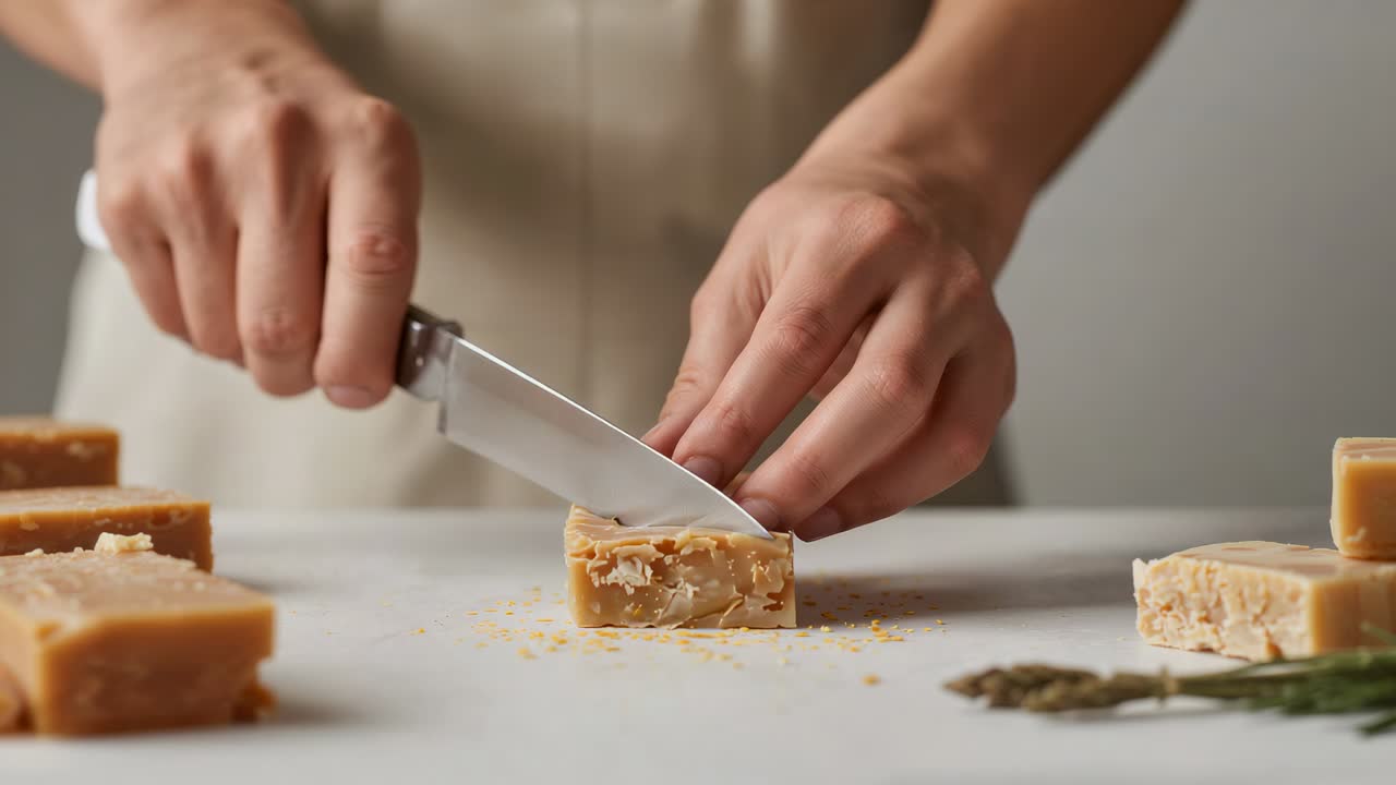Coltello posizionato, mani dello chef che premono la lama, caramello a blocchi tagliato su un bancone con un grembiule per porzionare