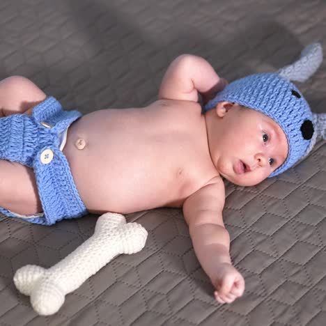 beautiful little boy in knitted blue costume. baby boy in puppy suit lying on the grey background. view from above